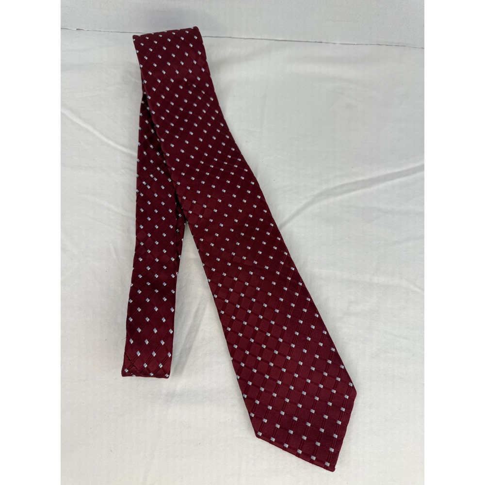 Club Room Mens Burgundy Red Geometric Silk Necktie Blue White Square Pattern Tie